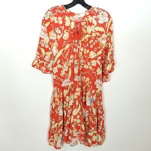 Jaase Women Blossom Floral Dress Sz S Summer Boho Tassel Neck Cottagecore Orange